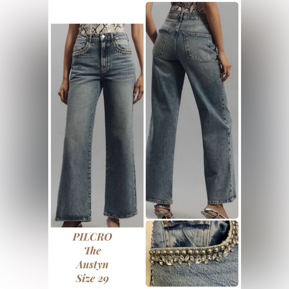 Pilcro Anthropologie The Austyn Rhinestone Embellished Wide Leg Jeans Size 29